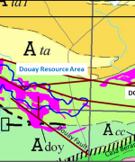 PR-03-14-2018 Magnitude of NE Syenite Target vs Douay Resource Area. Note position of initial hole DO-18-220. Geological base map shows location of both syenitic intrusive complexes within Casa Berardi Tectonic Zone 