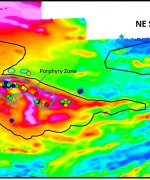 Douay Resource Area on first vertical derivative magnetic susceptibility base map, highlighting clusters of  drill-holes with high gold accumulation (grade x downhole width). 
