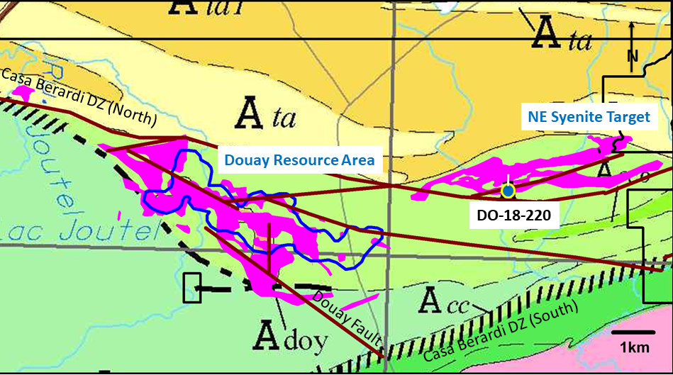 Figure 1 Magnitude of NE Syenite Target vs Douay Resource Area